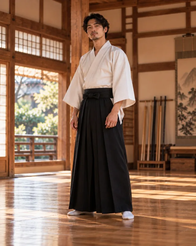 Hakama noir plissé porté dans un dojo