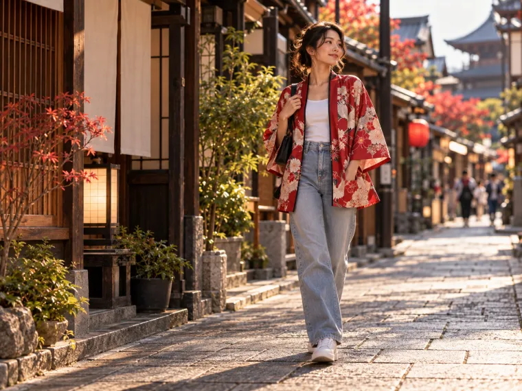 Femme en haori porté sur un jean en ville