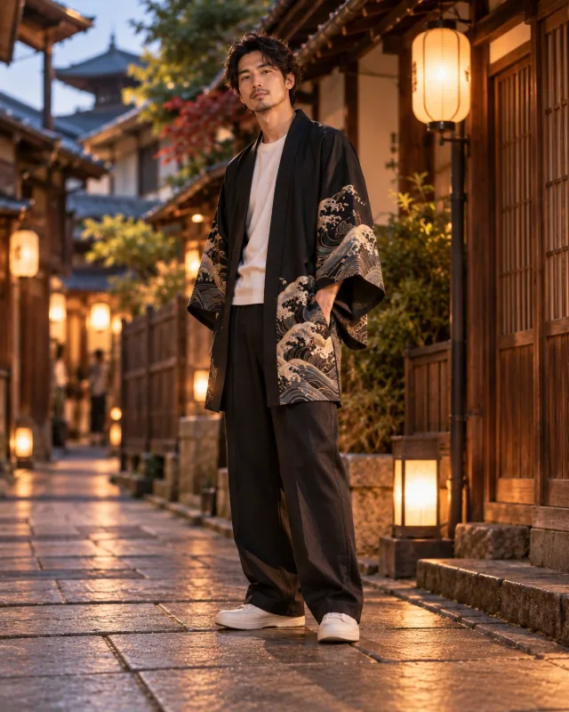 Homme en haori noir porté sur un t-shirt