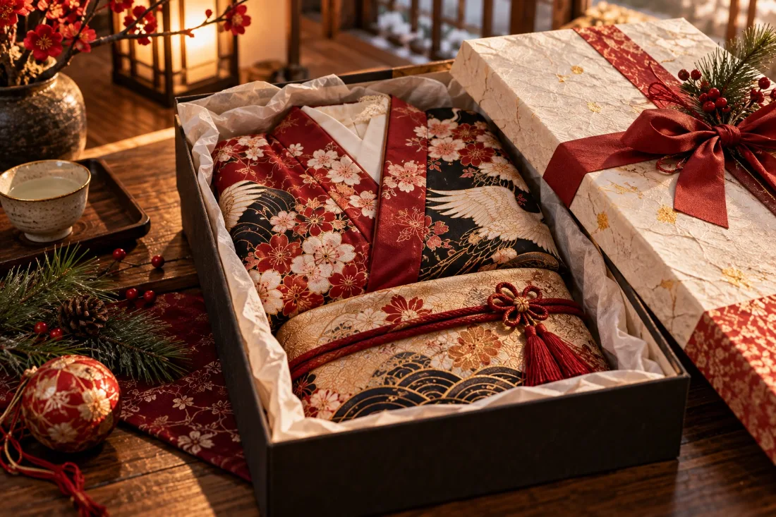 Kimono plié dans une boîte cadeau en papier washi