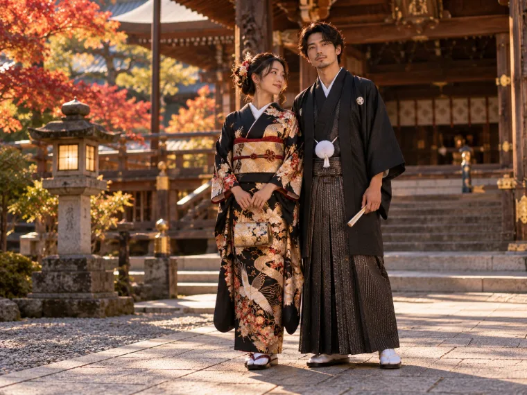 Couple en kimono et hakama de cérémonie devant un temple