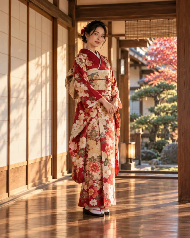 Femme en kimono long japonais à motifs floraux
