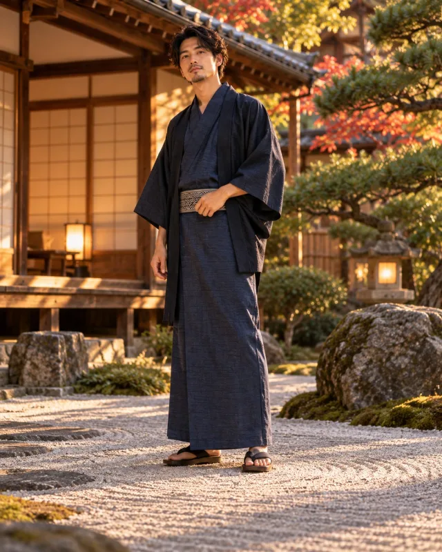Homme en kimono japonais bleu indigo