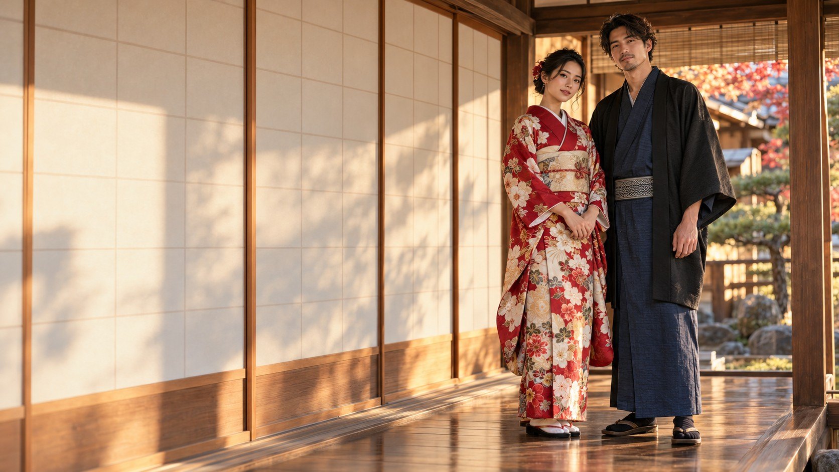 Couple en kimono et yukata japonais dans une maison traditionnelle en bois