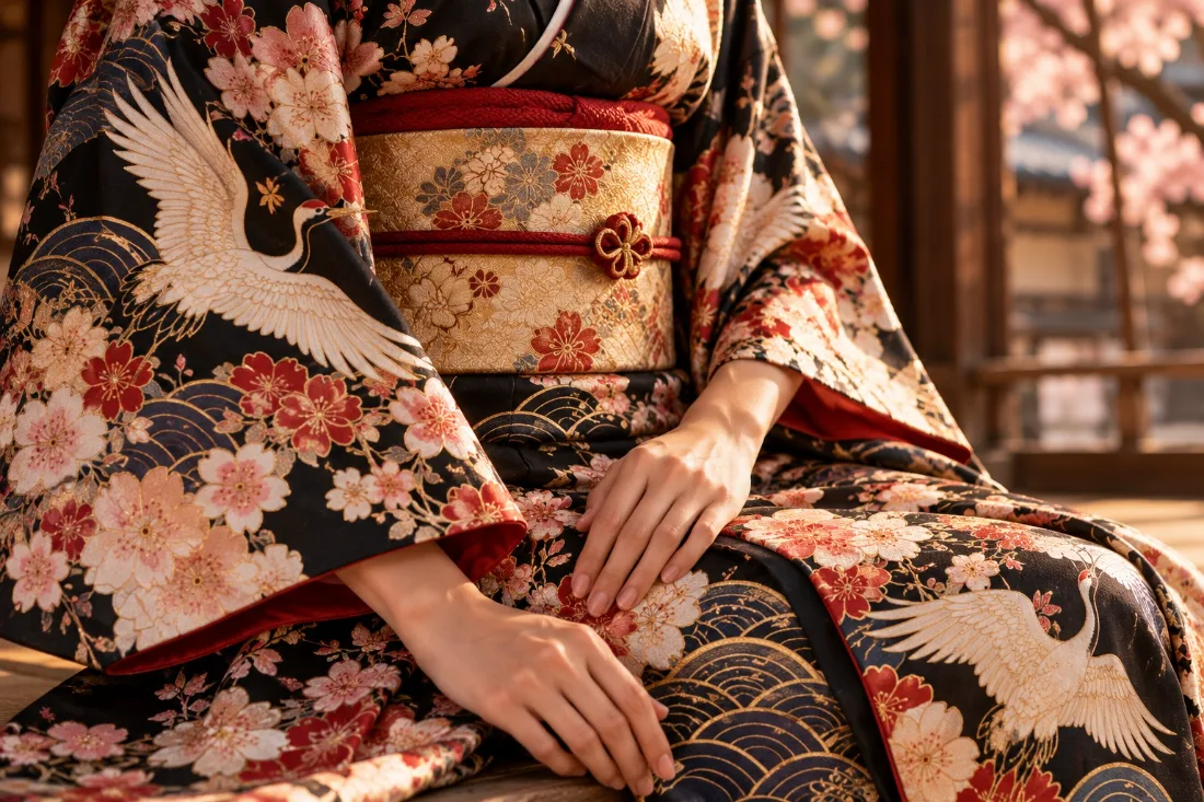 Détail des motifs de grues et de vagues d’un kimono