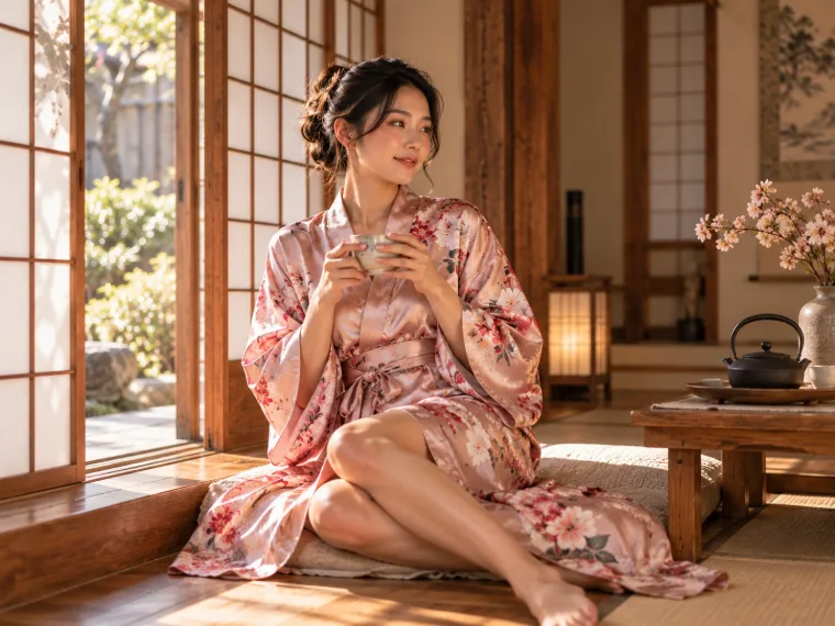 Femme en peignoir kimono en satin à la maison
