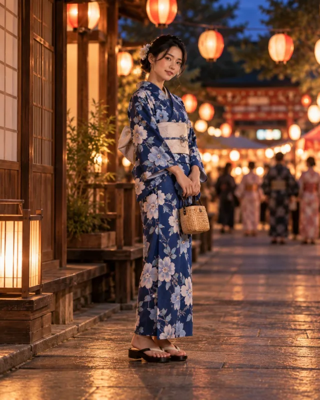 Femme en yukata d’été au festival